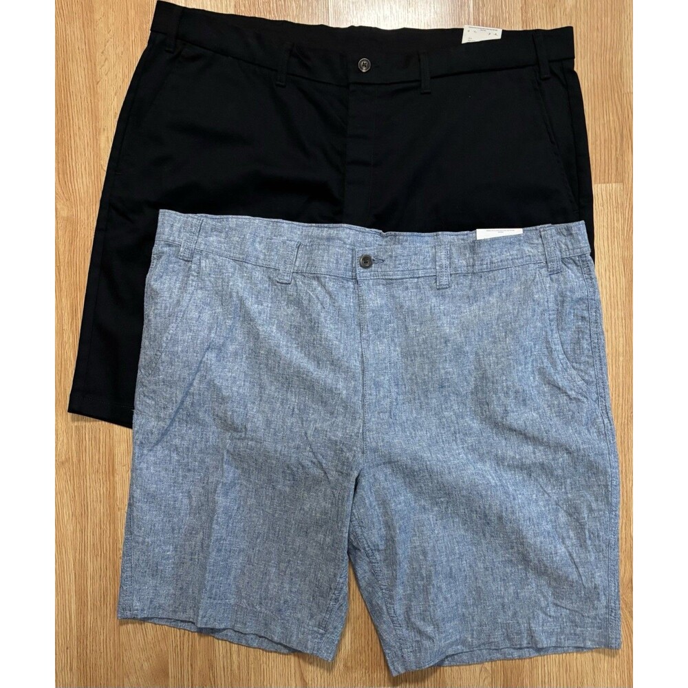 Pair (2) St John’s Bay Flat Front Shorts Size 50 Black  Navy Linen Comfort NWT